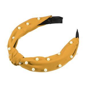 Satin Knotted Pearl Headband Hairband Yellow 1.1 Inch Wide
